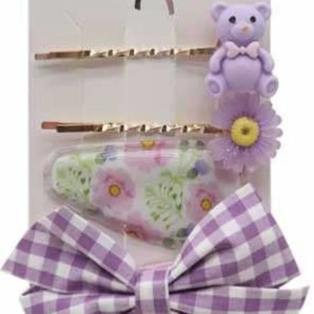 Hair clips Purple Hair accessories fashion bear flower ribbon hair pin 4PC set